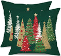 Two green Christmas tree pillow covers with various decorated trees, some with glitter accents.