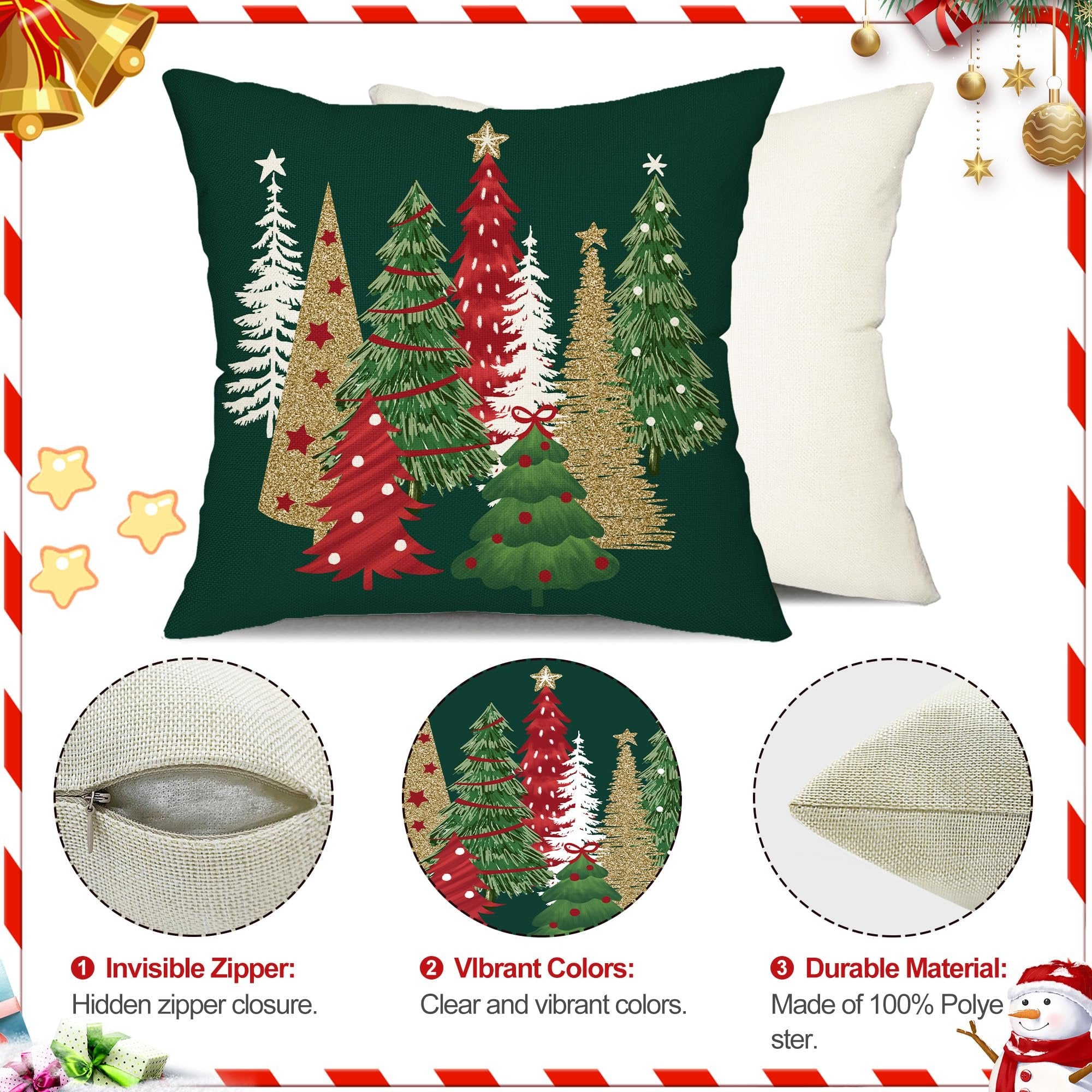 Christmas tree pillow cover with a cream-colored pillow behind it, showing close-ups of the zipper, design, and material.