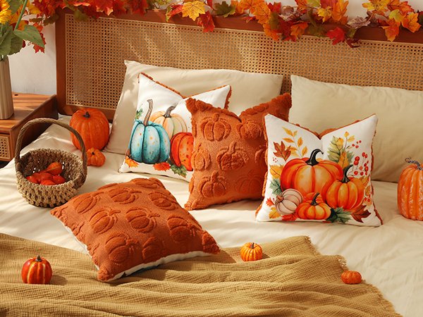 Four fall-themed throw pillows with pumpkin designs arranged on a bed with autumn leaves garland above.