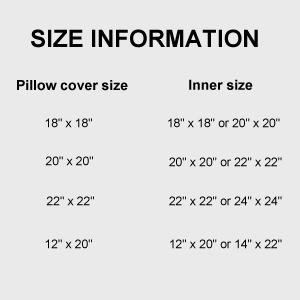 Size information chart for pillow covers, showing pillow cover size and corresponding inner size options.
