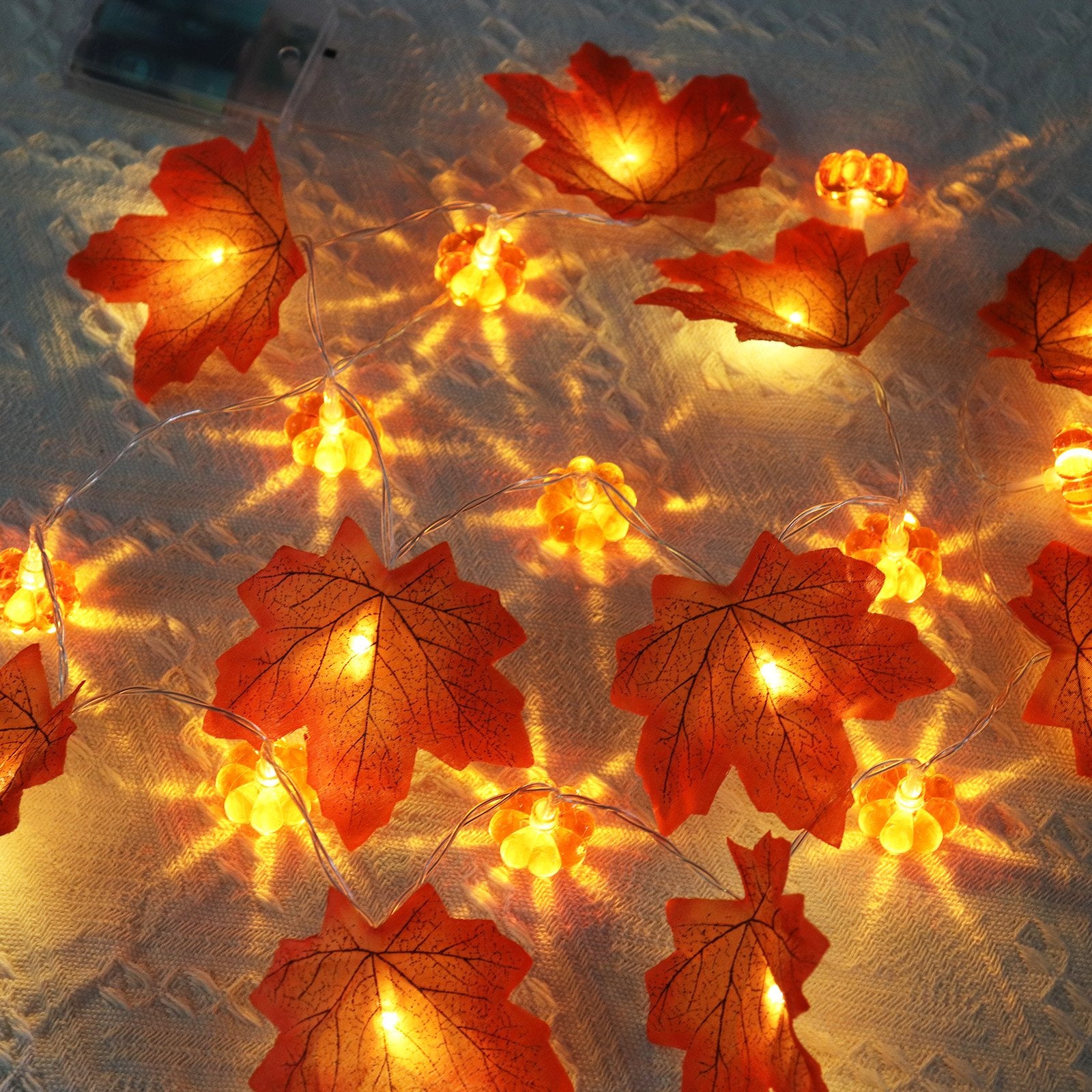 Fall garland string lights with maple leaves and pumpkins, warm white LEDs, battery operated
