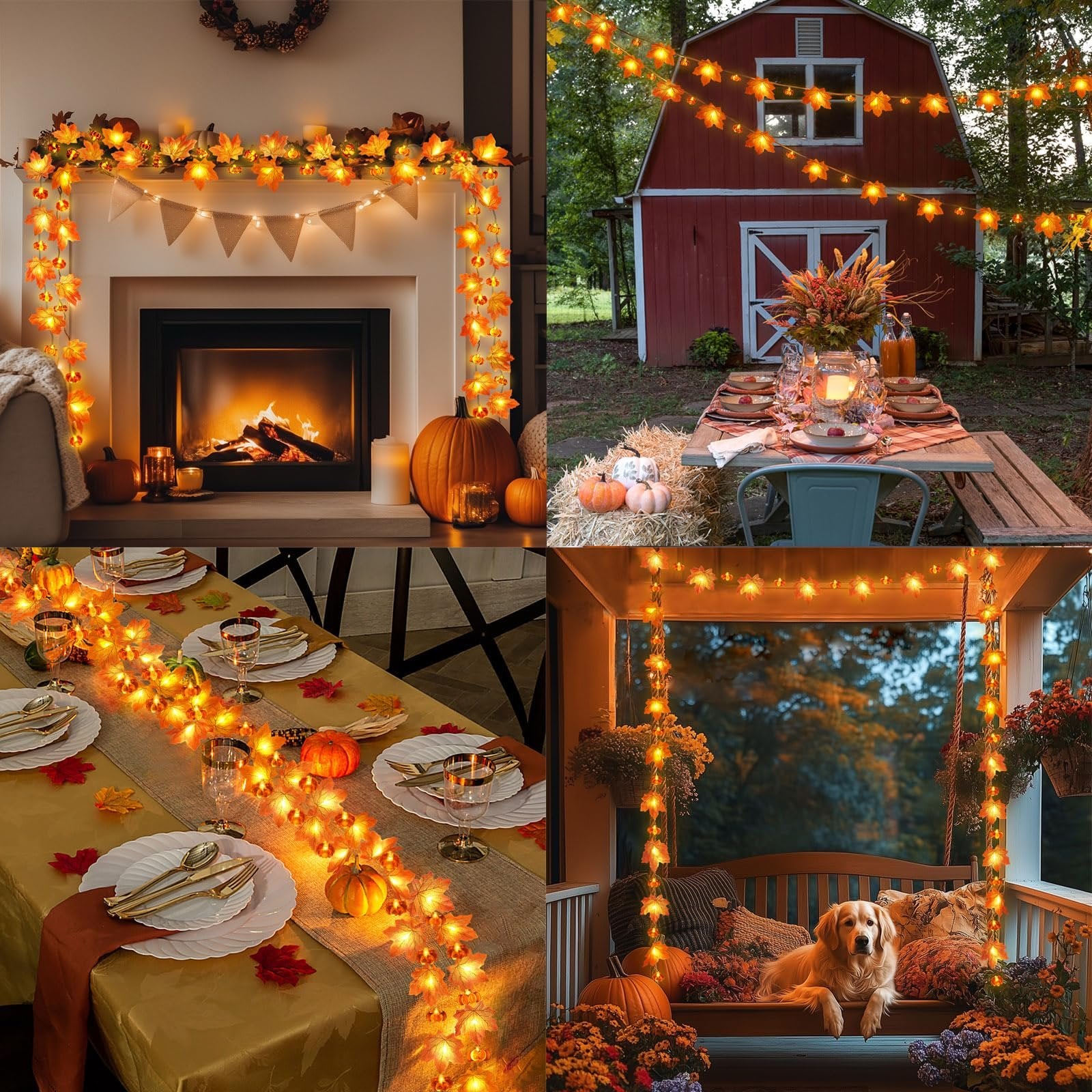 Collage of fall-themed string lights with maple leaves and pumpkins decorating a fireplace, outdoor table, indoor table, and porch swing with a dog.