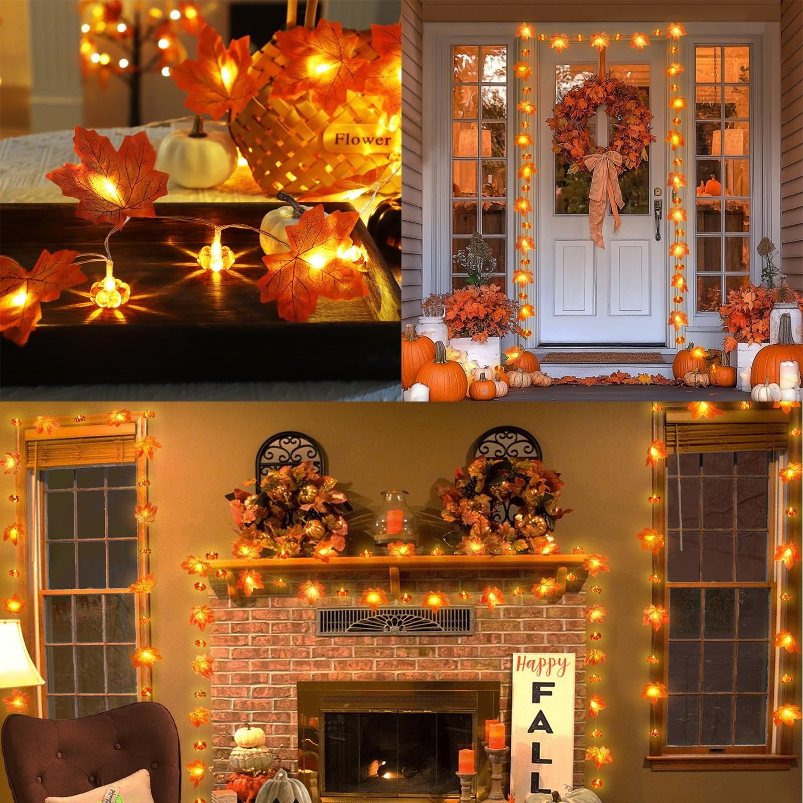 Collage of fall-themed string lights with maple leaves and pumpkins decorating a home interior and exterior.