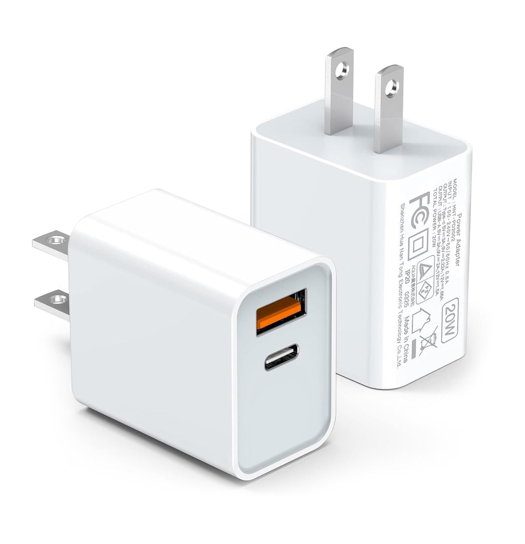 Two white dual-port USB-C wall chargers with one USB-C and one USB-A port, shown at an angle on a white background.