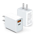 Two white dual-port USB-C wall chargers with one USB-C and one USB-A port, shown at an angle on a white background.