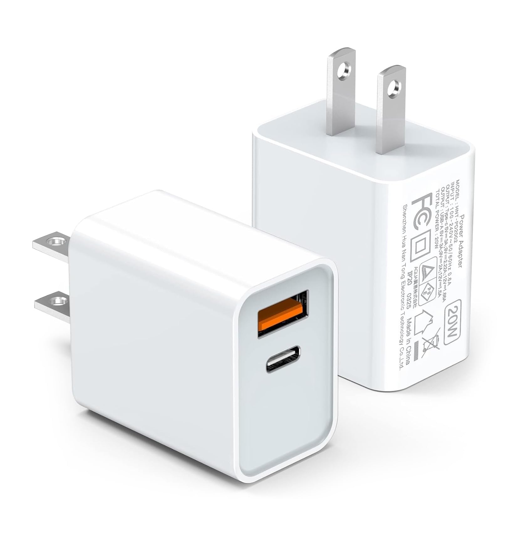 Two white dual-port USB-C wall chargers with one USB-C and one USB-A port, shown at an angle on a white background.