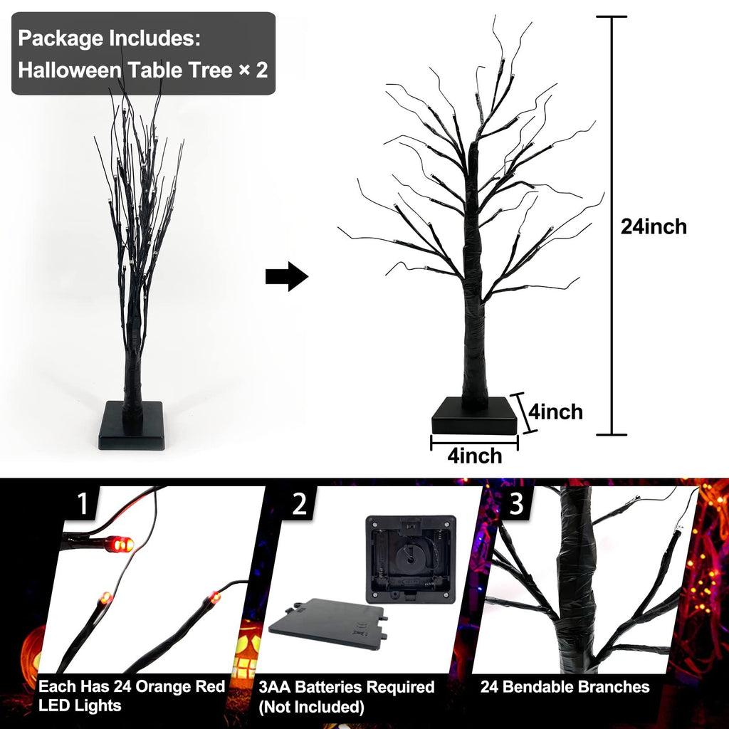 Two black Halloween birch trees with orange LED lights, one shown in packaging and one fully assembled with dimensions.