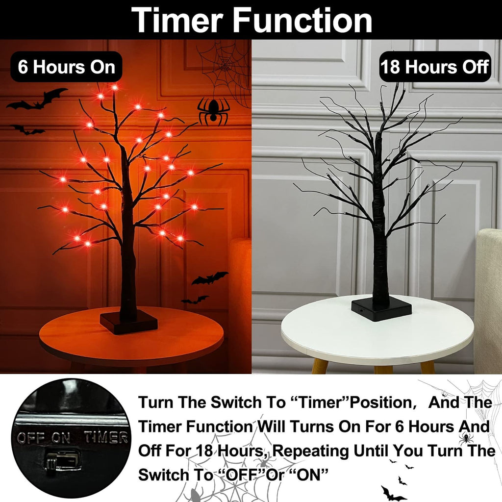 Halloween birch tree with orange LED lights on left, unlit tree on right, and timer function details.