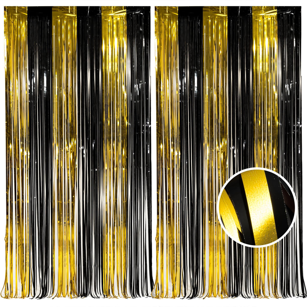 Two black and gold foil fringe curtains displayed side-by-side with a close-up inset showing texture.