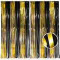 Two black and gold foil fringe curtains displayed side-by-side with a close-up inset showing texture.