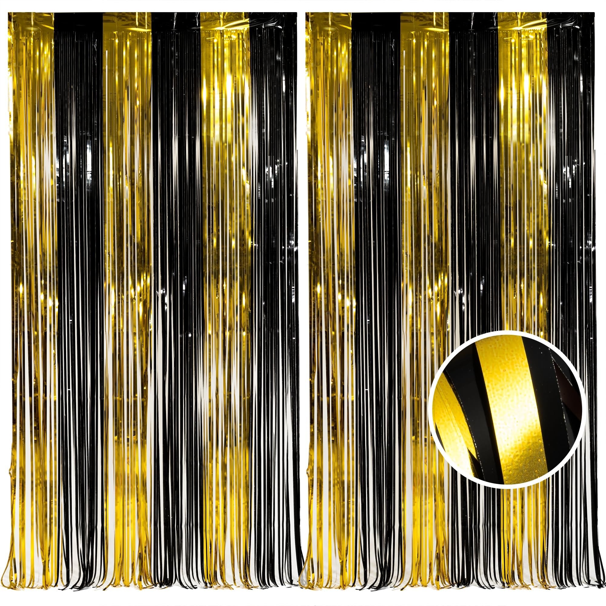 Two black and gold foil fringe curtains displayed side-by-side with a close-up inset showing texture.