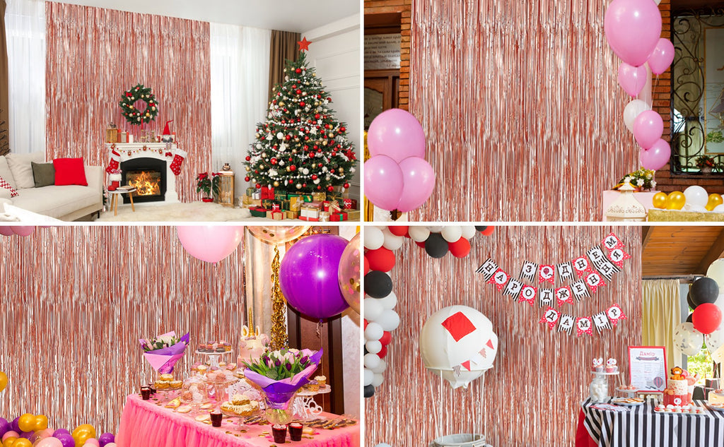 Rose gold foil fringe curtains used as backdrops for parties and holiday decorations.