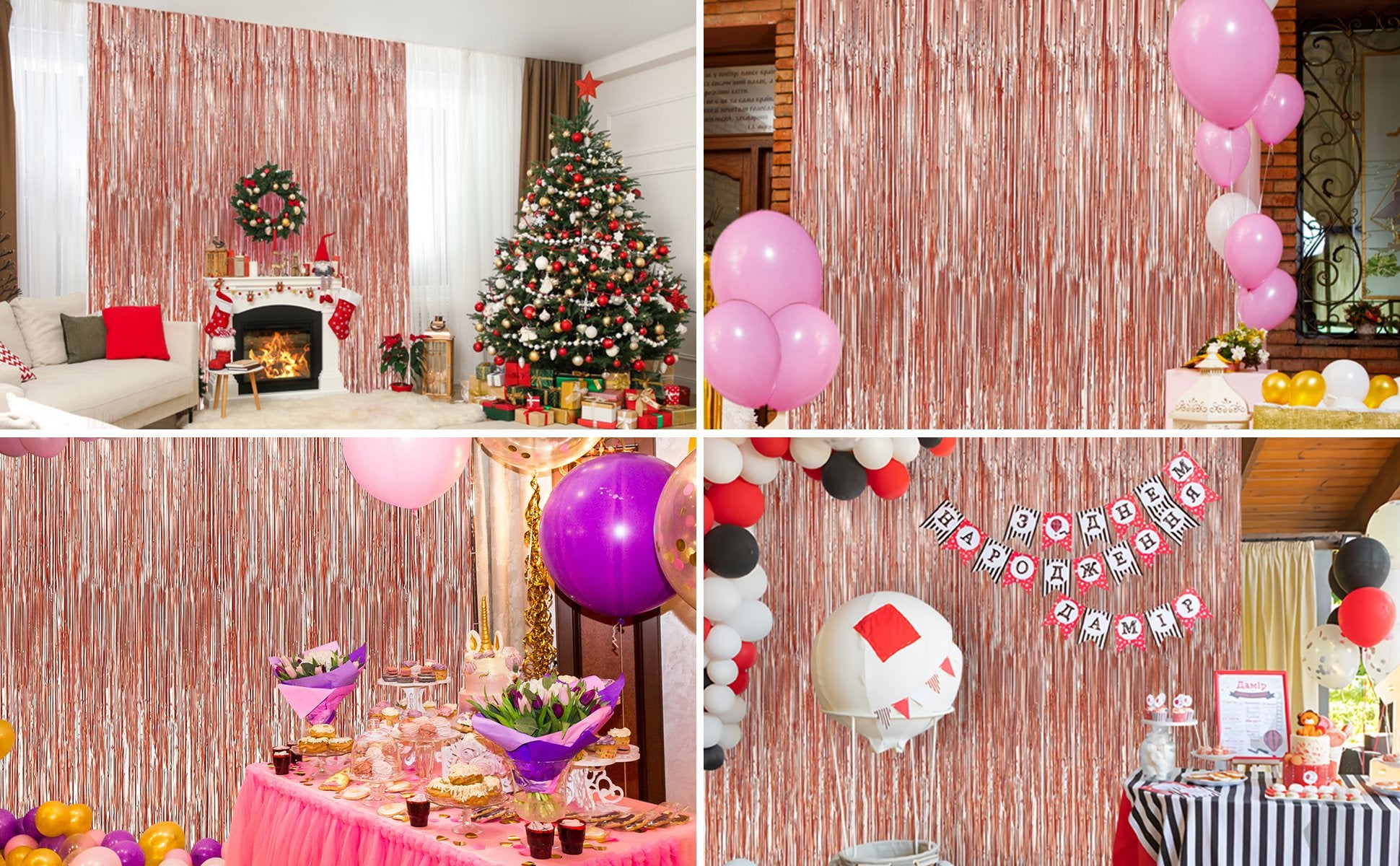 Rose gold foil fringe curtains used as backdrops for parties and holiday decorations.