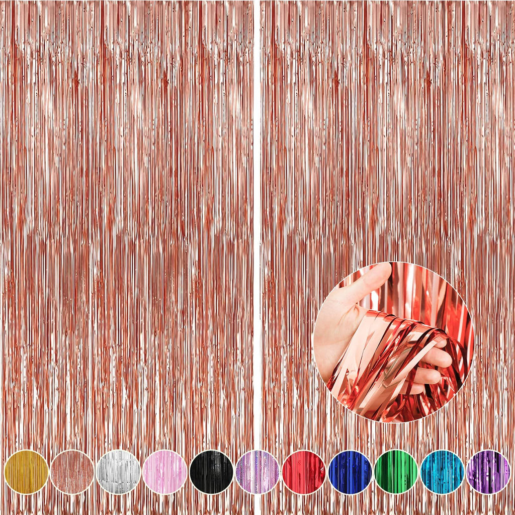 Two rose gold foil fringe backdrop curtains shown side-by-side, with a hand holding a section of the fringe in a circular inset.