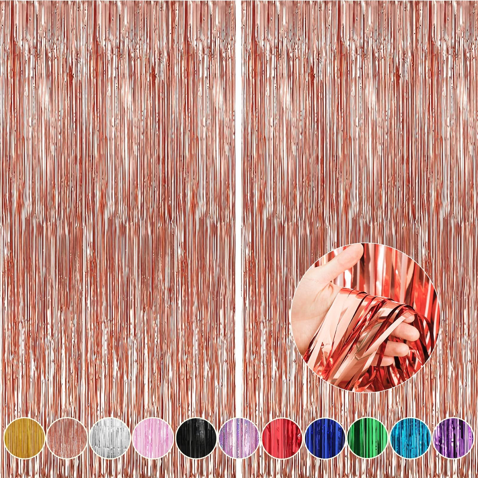 Two rose gold foil fringe backdrop curtains shown side-by-side, with a hand holding a section of the fringe in a circular inset.