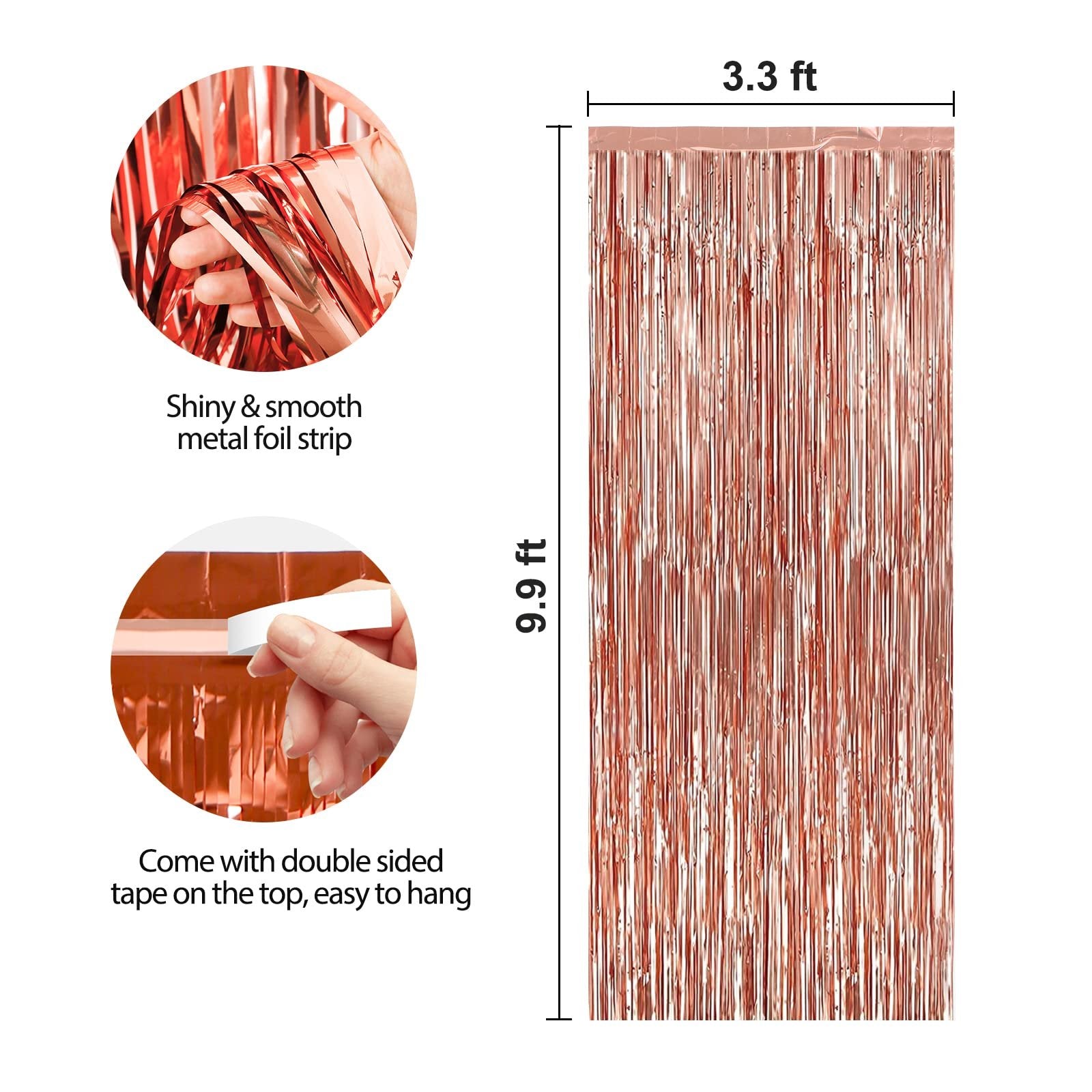 Rose gold foil fringe backdrop curtain showing dimensions and close-ups of material and tape.