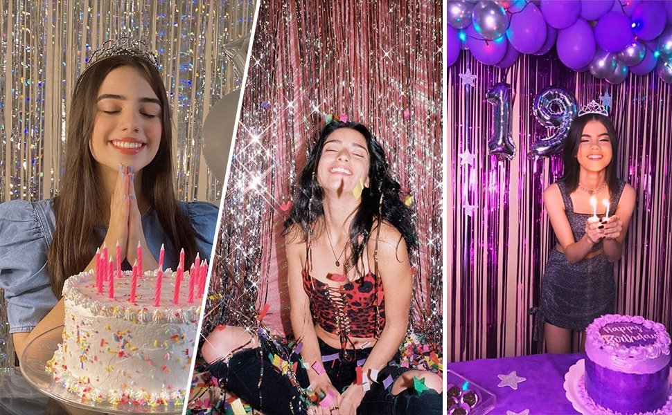 Three young women celebrating birthdays with cakes and foil fringe backdrops.