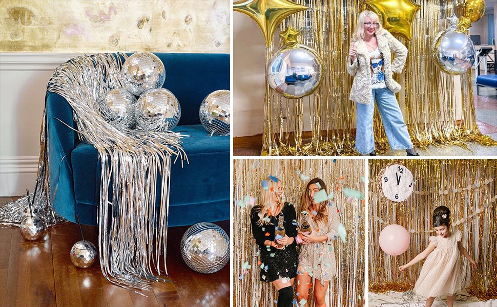 Collage of party scenes with silver and gold fringe backdrops and disco balls. One scene shows disco balls on a blue couch, another shows a woman posing, a third shows two women celebrating with confetti, and a fourth shows a child near a clock and balloon.