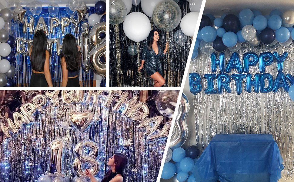 Collage of party backdrops with foil fringe curtains and balloons spelling 'Happy Birthday' and numbers.