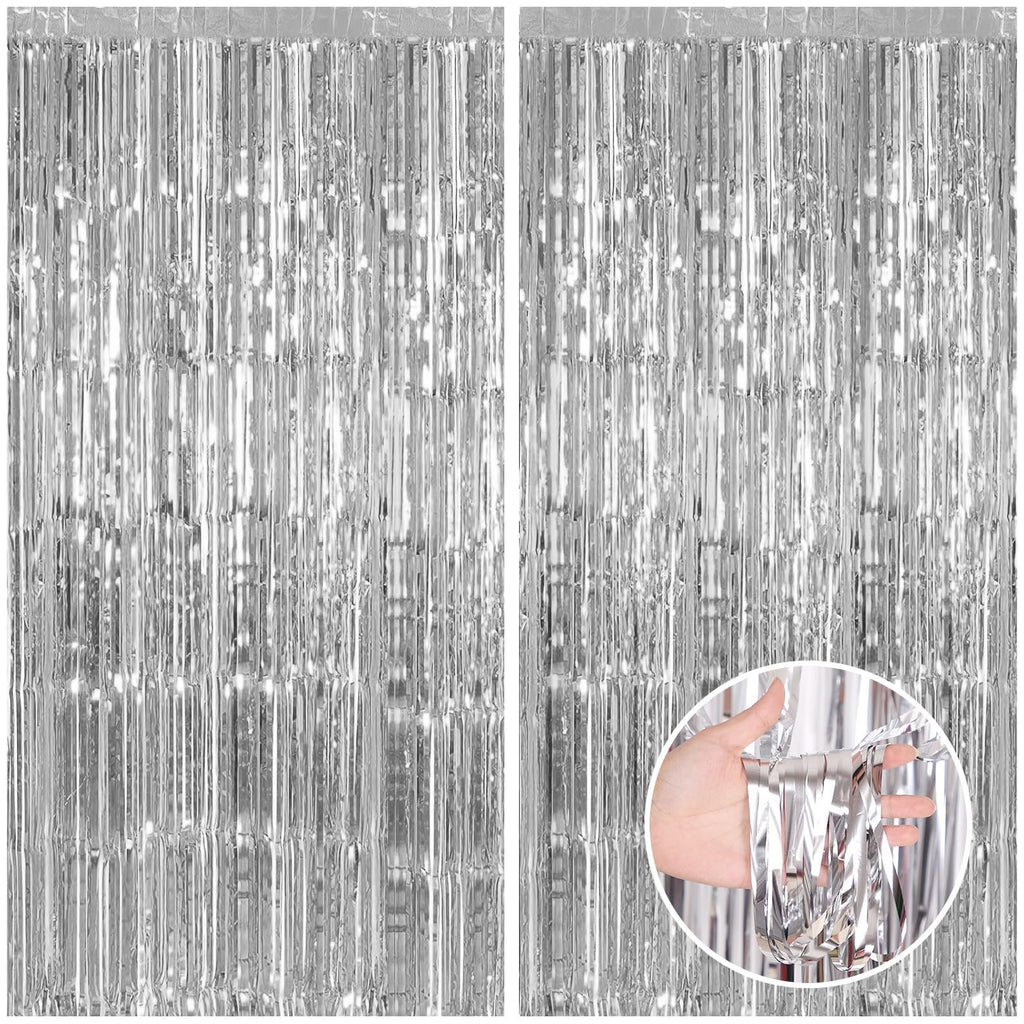 Two silver foil fringe backdrop curtains shown side-by-side, with a circular inset showing a hand holding a section of the fringe.