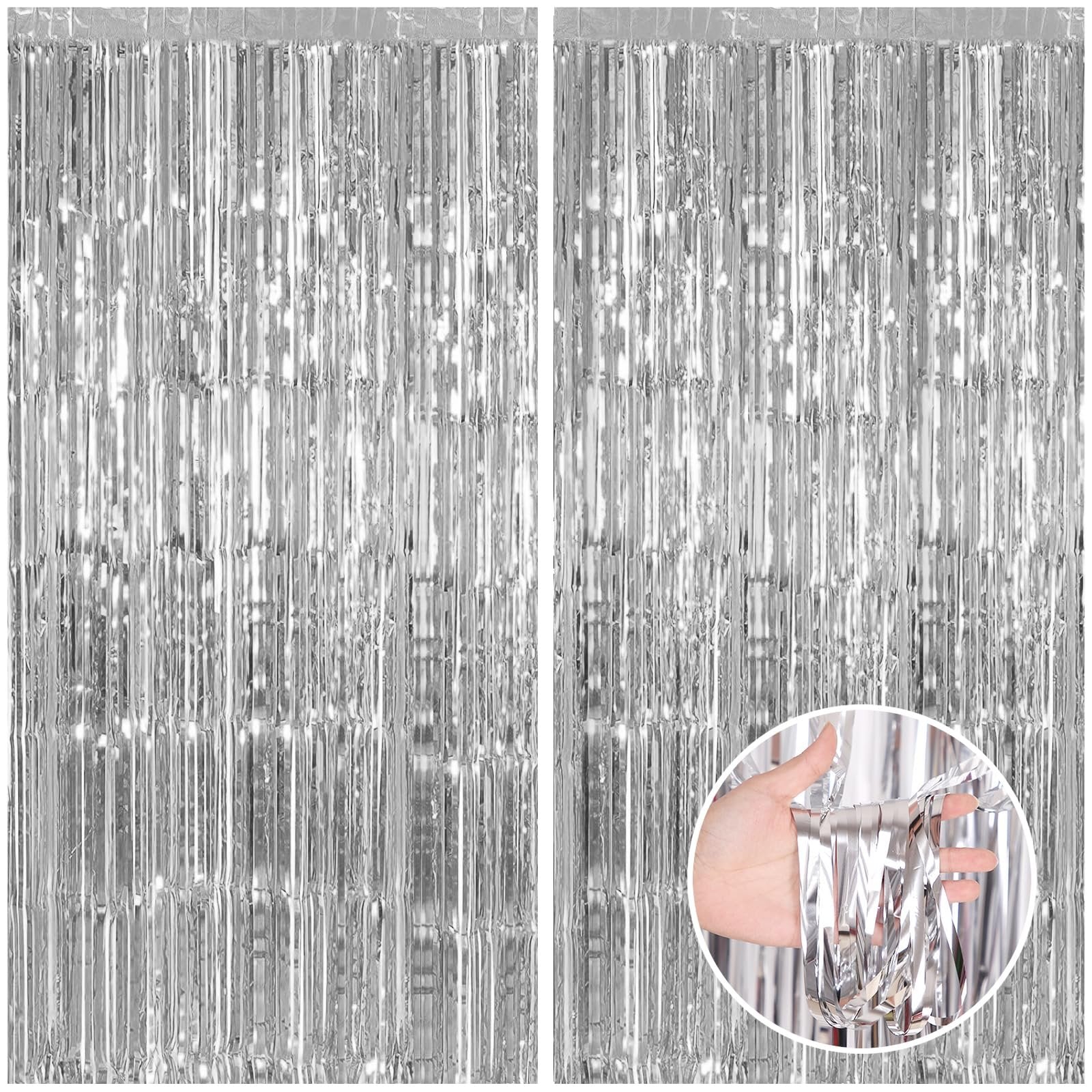 Two silver foil fringe backdrop curtains shown side-by-side, with a circular inset showing a hand holding a section of the fringe.