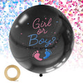 Black gender reveal balloon with 'Girl or Boy?' text and pink and blue footprints, with confetti background and a roll of tape.