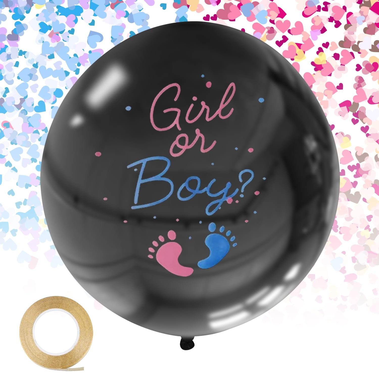 Black gender reveal balloon with 'Girl or Boy?' text and pink and blue footprints, with confetti background and a roll of tape.