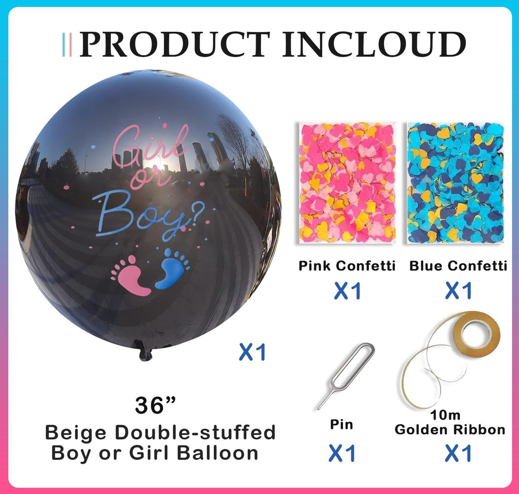 36-inch black gender reveal balloon with "Girl or Boy?" text and confetti, includes pink and blue confetti, pin, and ribbon.