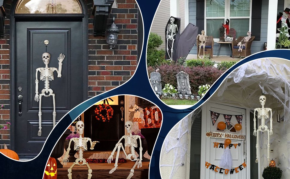 Collage of Halloween decorations including posable skeletons, tombstones, and spooky banners displayed on doors and yards.