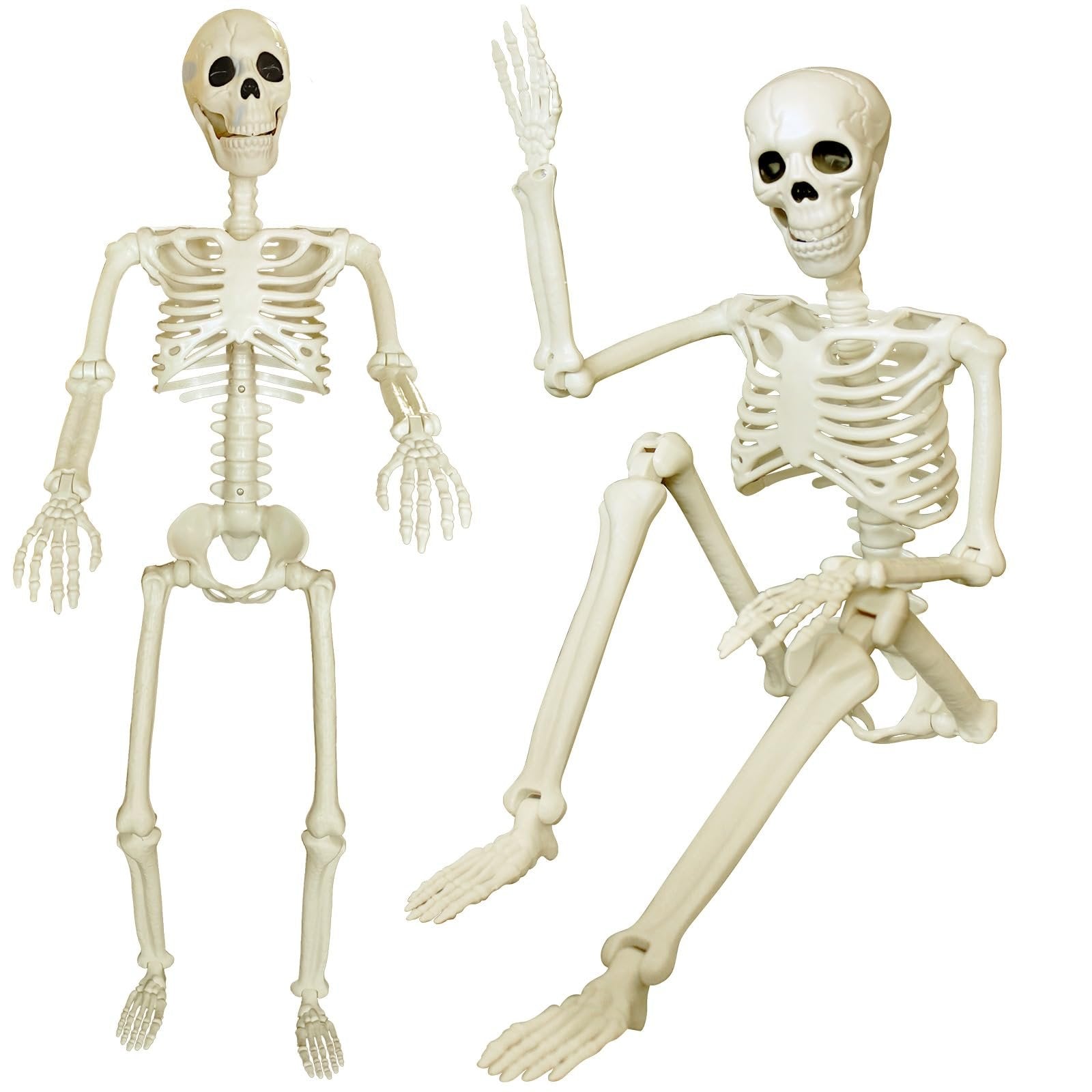 Two posable skeleton decorations, one standing and one sitting, against a white background.