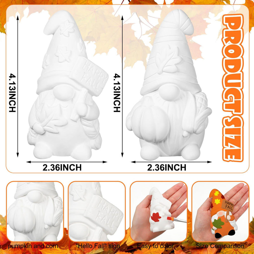 Two unpainted ceramic gnome statues, one holding a pumpkin and corn, the other holding a sign, with dimensions shown.