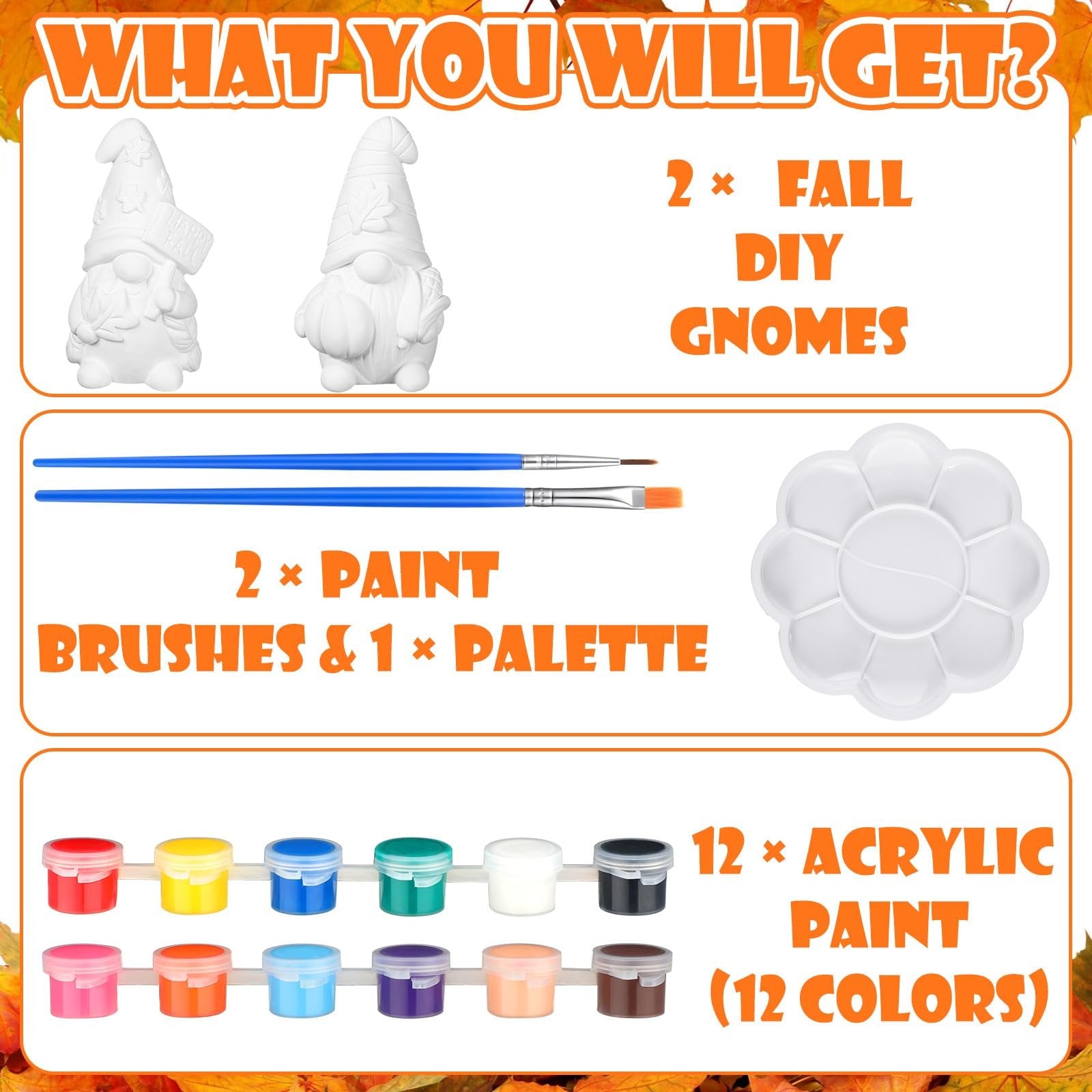 DIY ceramic gnome painting kit contents: two unpainted gnomes, two brushes, one palette, and twelve acrylic paint pots.