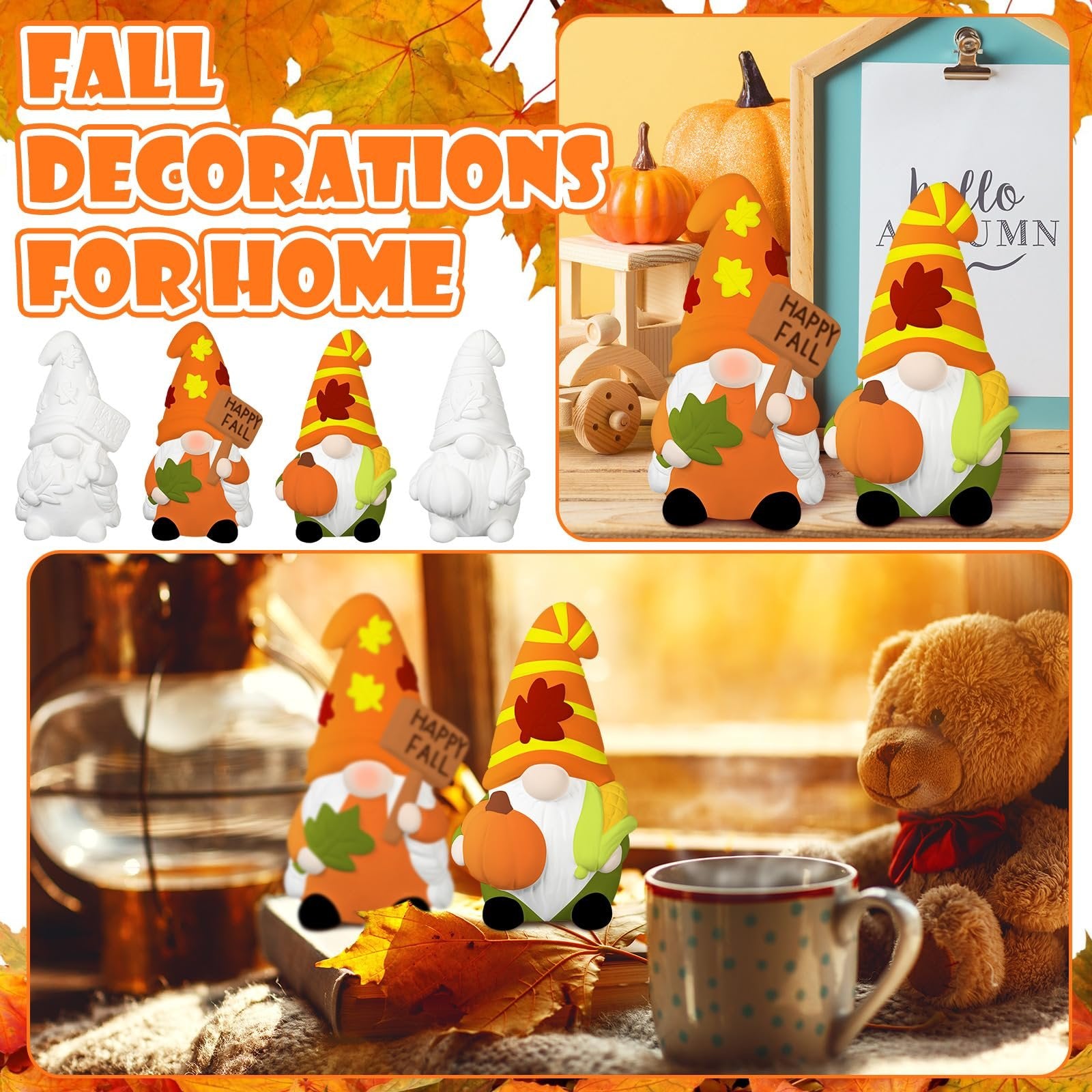 Four ceramic gnome statues, two unpainted and two painted with fall designs, with text overlays.
