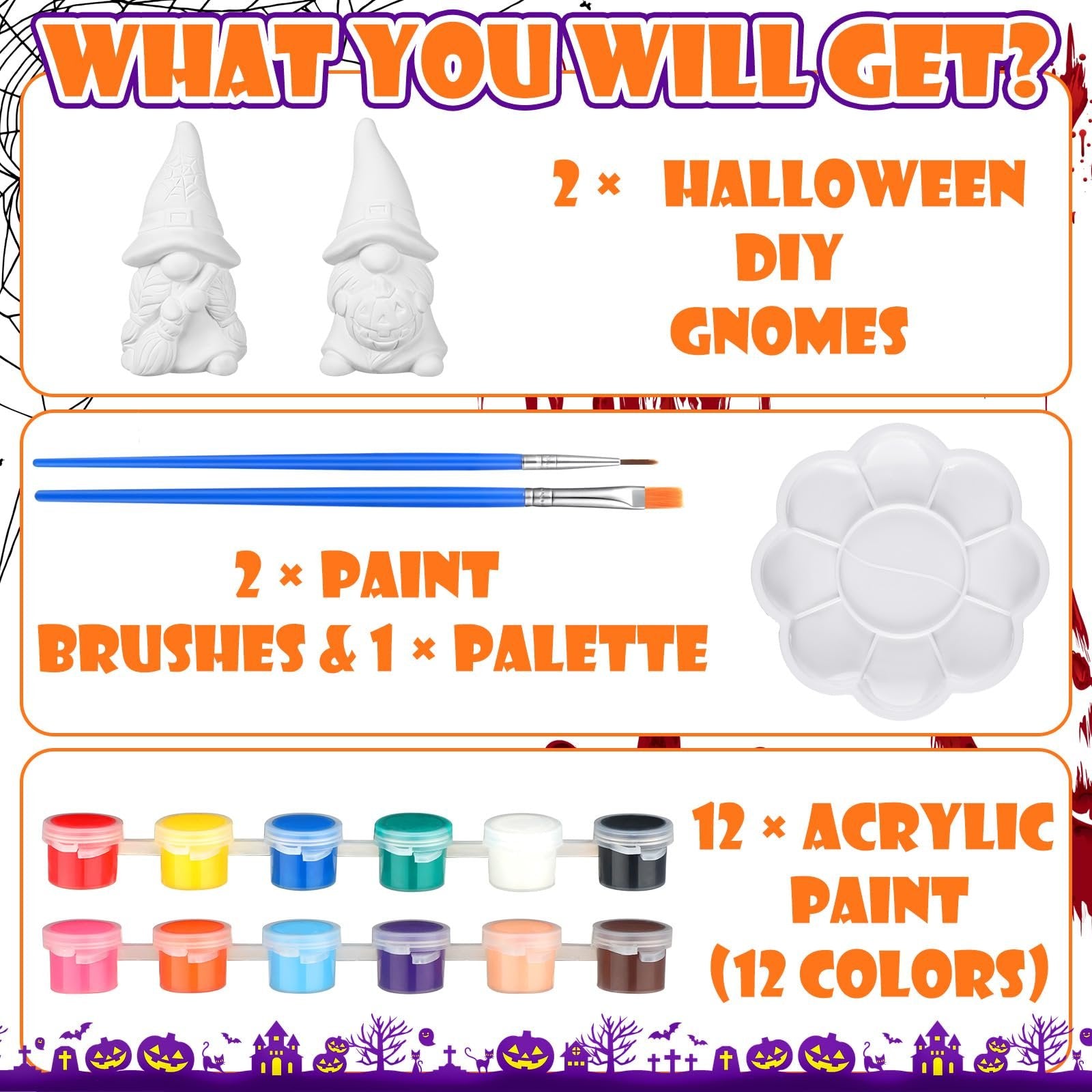 Halloween gnome painting kit contents: 2 ceramic gnomes, 2 brushes, 1 palette, and 12 acrylic paints.