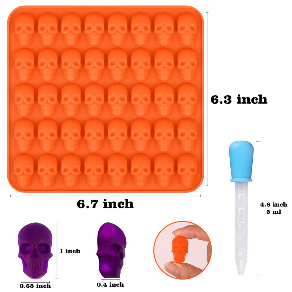 Orange silicone skull candy mold with 40 cavities and a blue dropper, shown with dimensions and example skull candies.