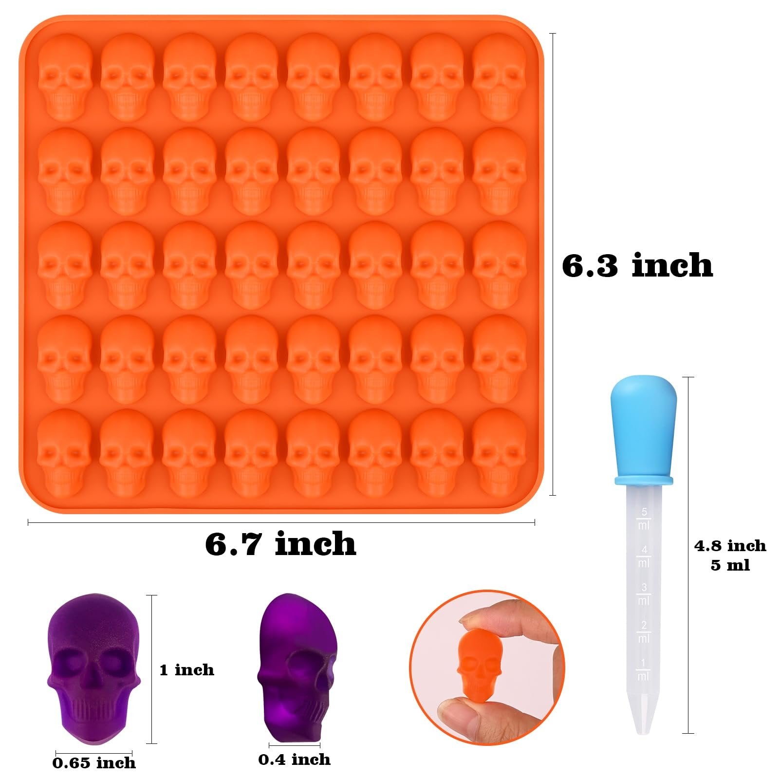 Orange silicone skull candy mold with 40 cavities and a blue dropper, shown with dimensions and example skull candies.