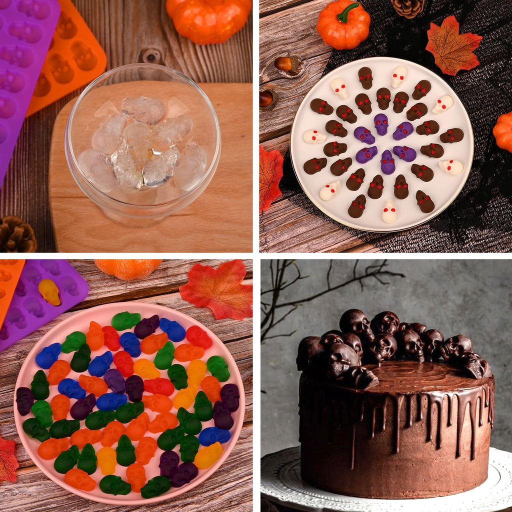 Collage of Halloween treats: skull-shaped ice cubes, skull candies on a plate, colorful skull gummies, and a chocolate cake decorated with skull chocolates.