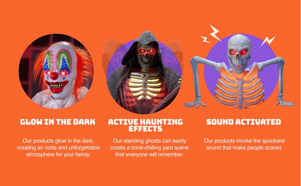 Collage of Halloween decorations: a clown, a grim reaper, and a skeleton, with text describing features like glow in the dark, active haunting effects, and sound activated.