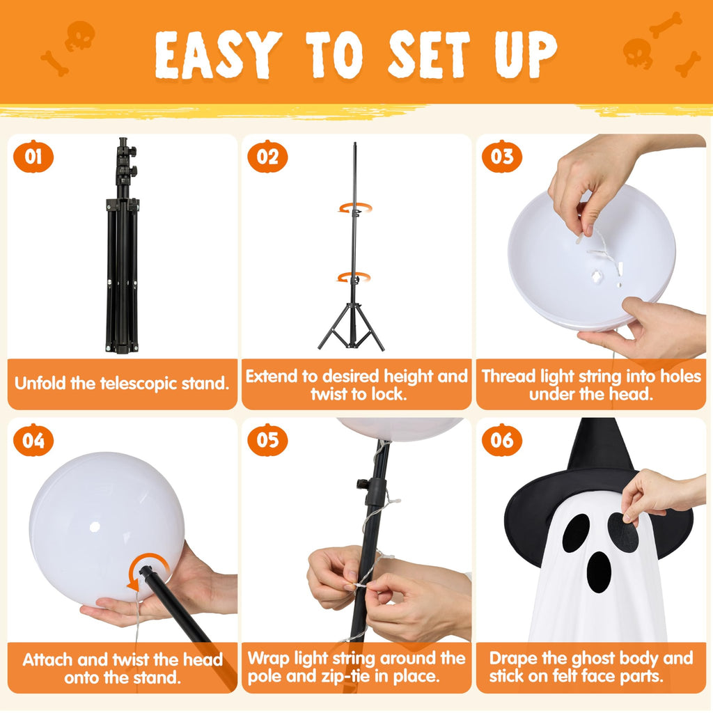 Step-by-step guide for assembling light-up ghost Halloween decoration, showing stand, light string, and ghost body.