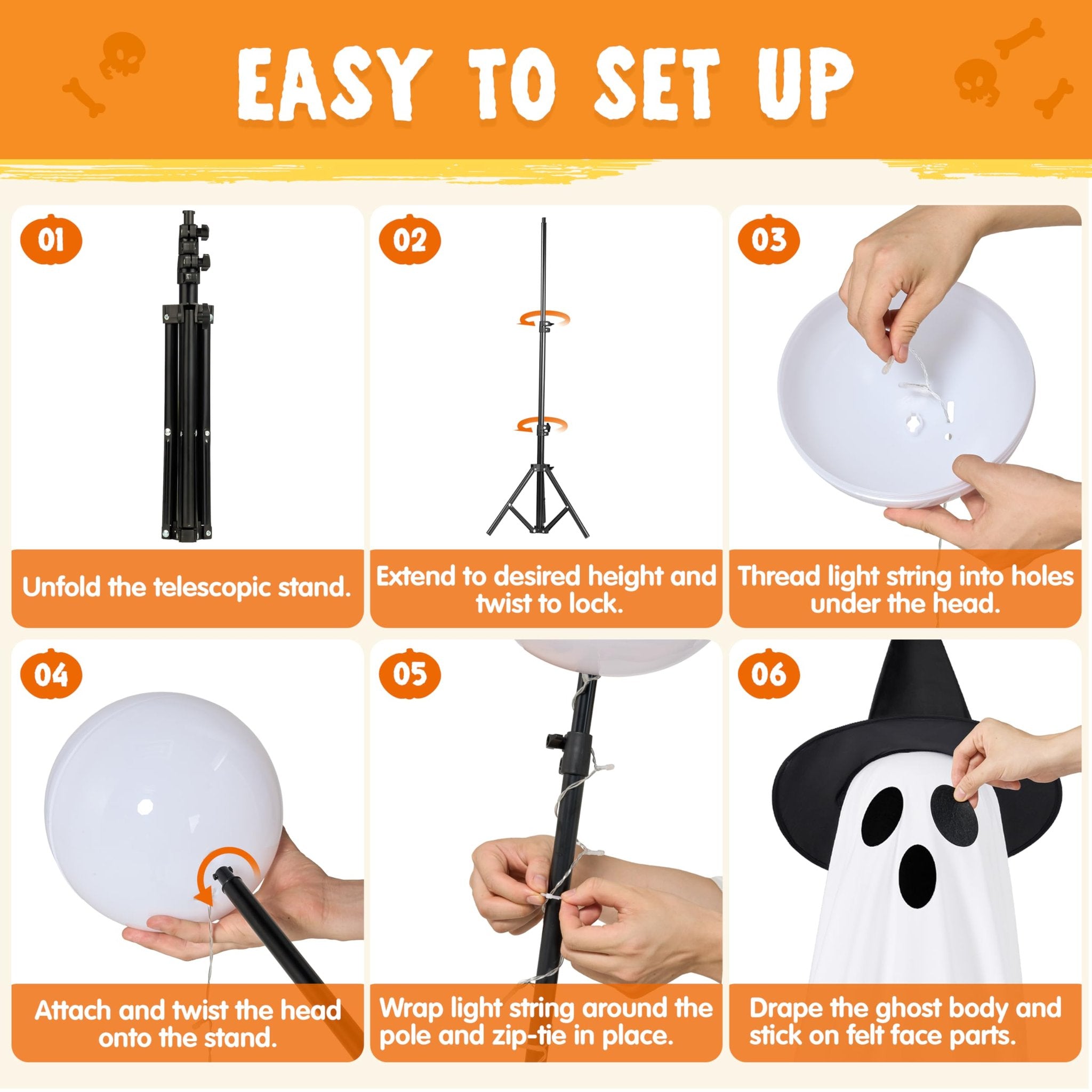 Step-by-step guide for assembling light-up ghost Halloween decoration, showing stand, light string, and ghost body.