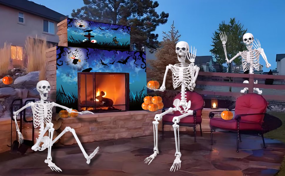 Two posable skeletons and a smaller skeleton with pumpkins on a patio at dusk, with a fireplace and Halloween-themed graphics