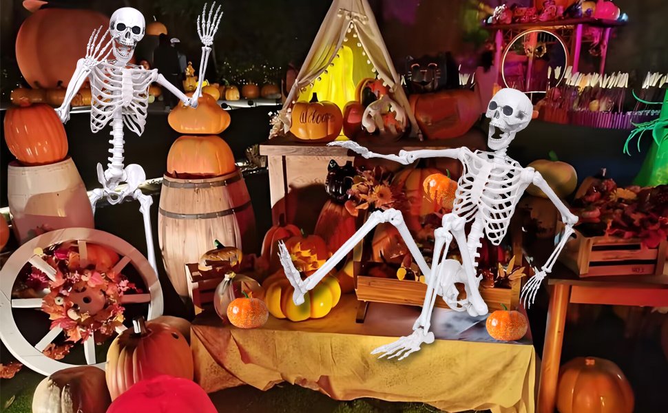 Two posable skeletons and artificial pumpkins arranged for Halloween decor, with a tent and barrels in the background.