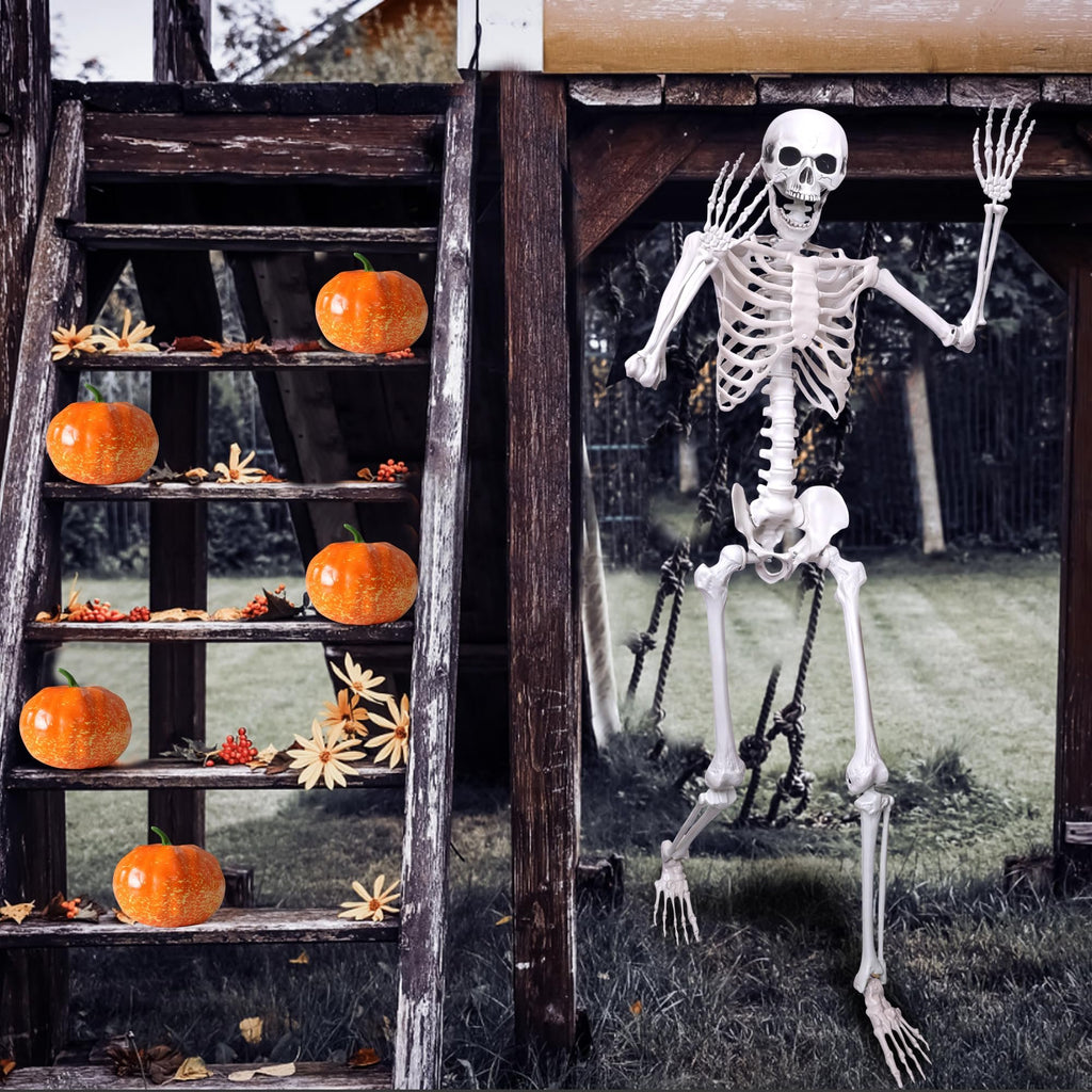 Posable skeleton and artificial pumpkins on a wooden structure for Halloween decor