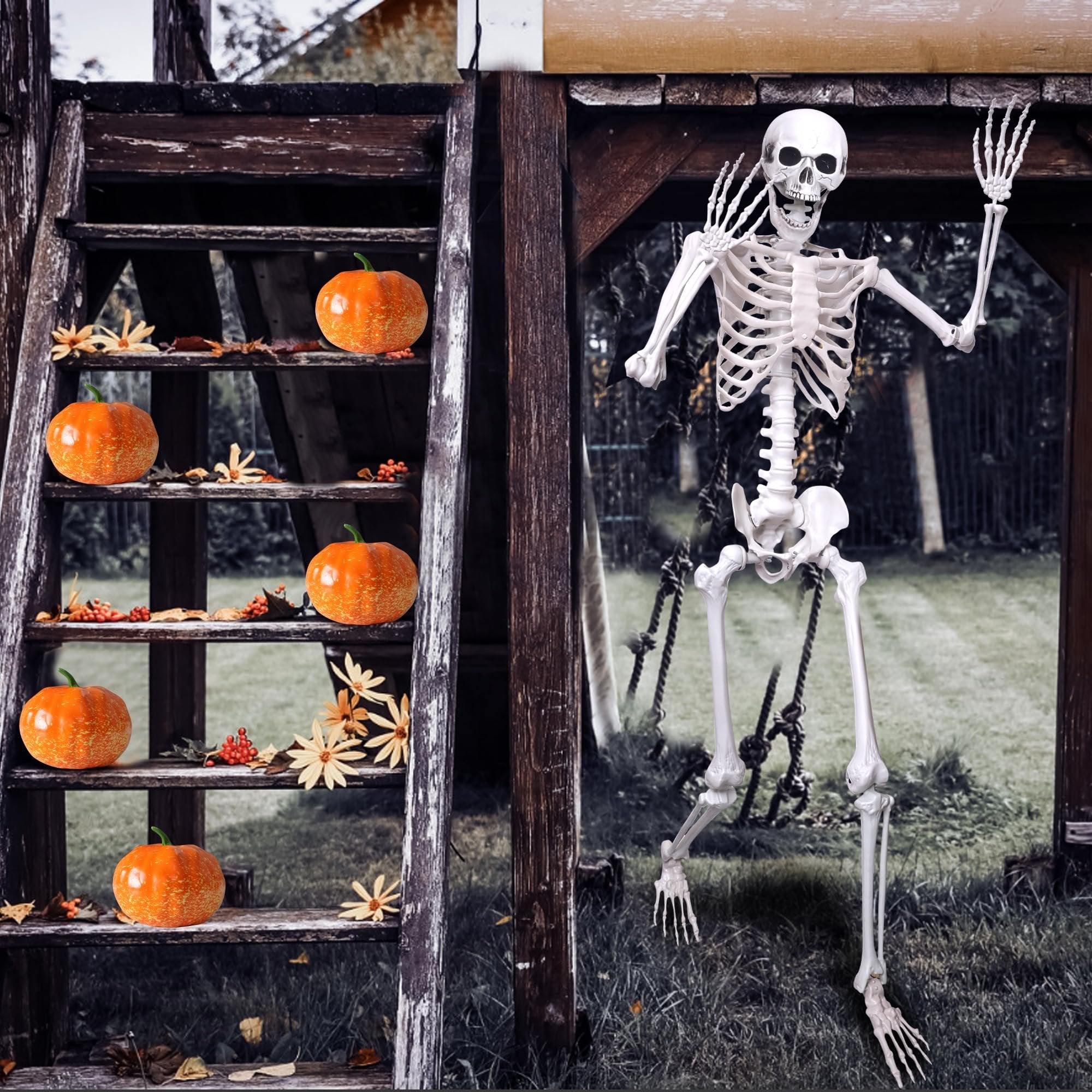 Posable skeleton and artificial pumpkins on a wooden structure for Halloween decor