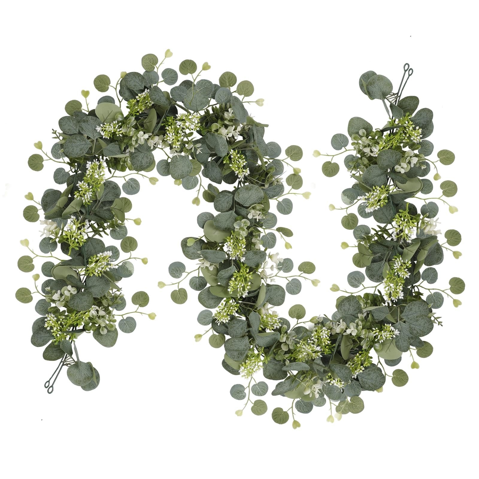 Faux eucalyptus garland with silver dollar leaves and white flowers on a white background