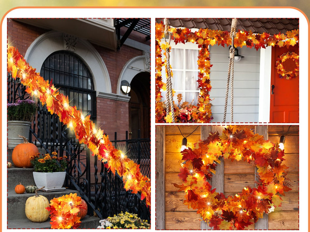 Artificial maple leaf garland with LED lights draped on stairs and porch, and a wreath on a door