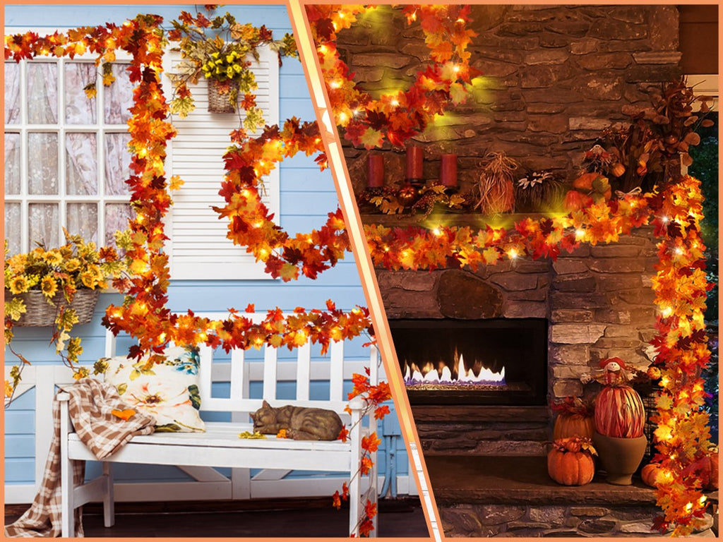 Artificial maple leaf garland with LED lights draped on a porch and over a stone fireplace.