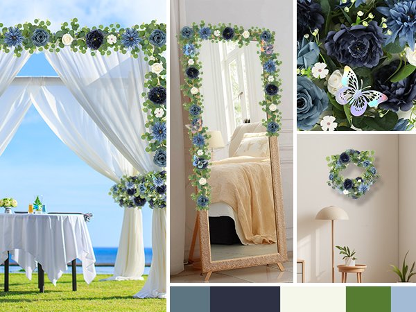 Collage of artificial eucalyptus garland with navy blue flowers and silver butterflies, showing wedding decor and home decor.