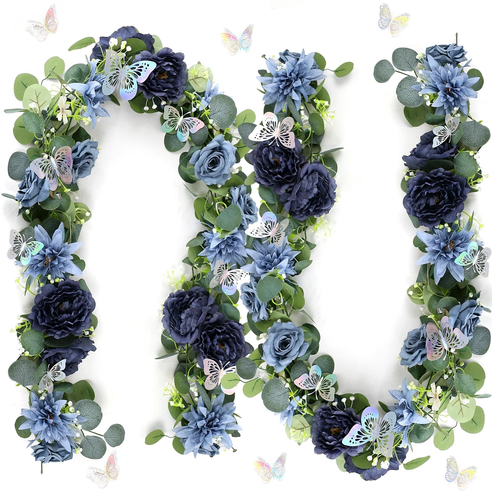 Artificial eucalyptus garland with navy blue flowers and silver butterflies arranged in a curve on a white background.
