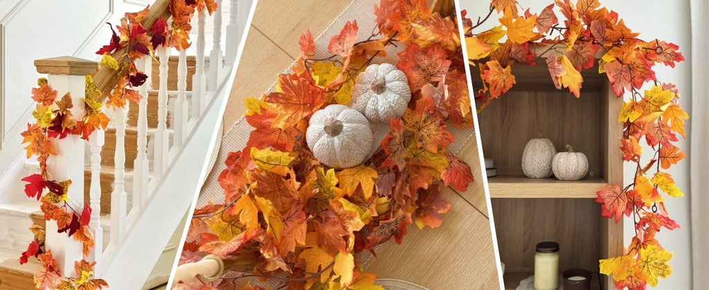 Artificial maple leaf garland draped on a staircase railing, table runner, and bookshelf